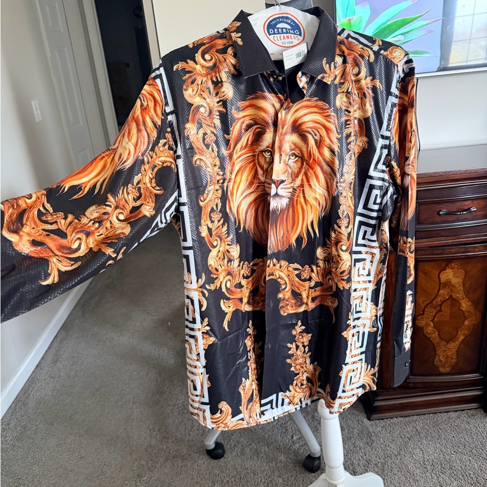 Men's Black and Orange Lion Print Dress Shirt